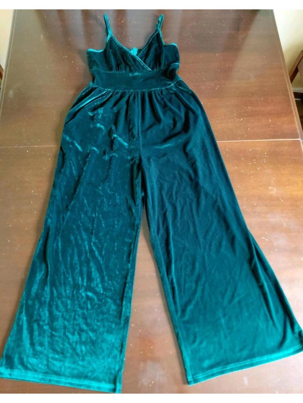 Velour Jumpsuit Green Womens Large Stretch Wide Leg Spaghetti Strap